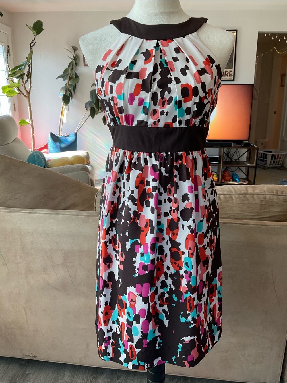 👓Max and Cleo Abstract Painterly Halter Dress Colorful Geometric Mini 2 Twee